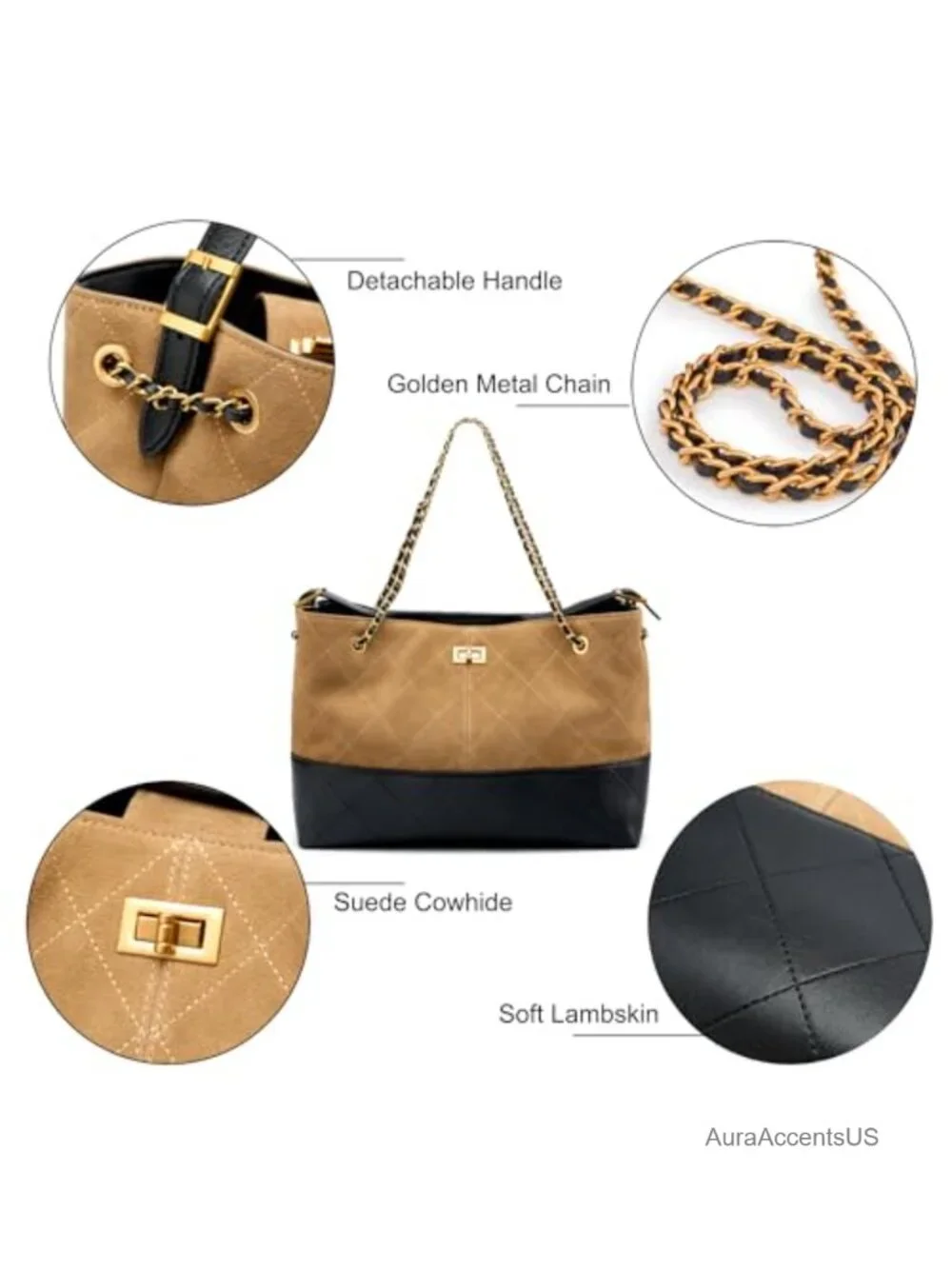 Soft Genuine Leather Lambskin Suede Quilted Bag, Carryall Top Handle Gold Chain